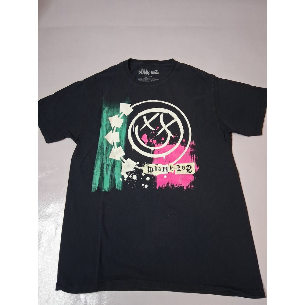 Blink-182 Smiley Face Logo Graphic T-Shirt Mens Medium Black Pink Green Rock
